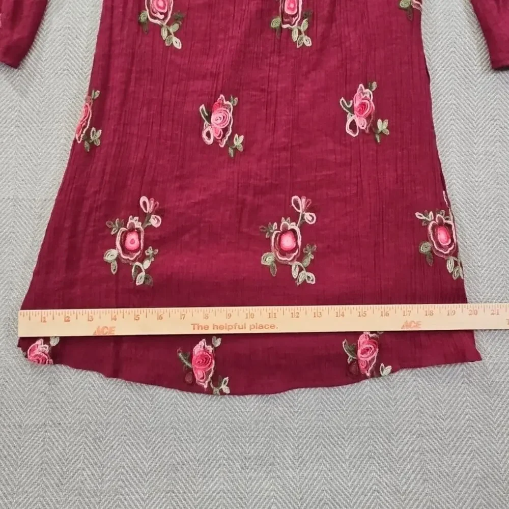 Fig and Flower Women's Medium Red Smock With Rose Embroidery Ruffled Sleeves EUC
